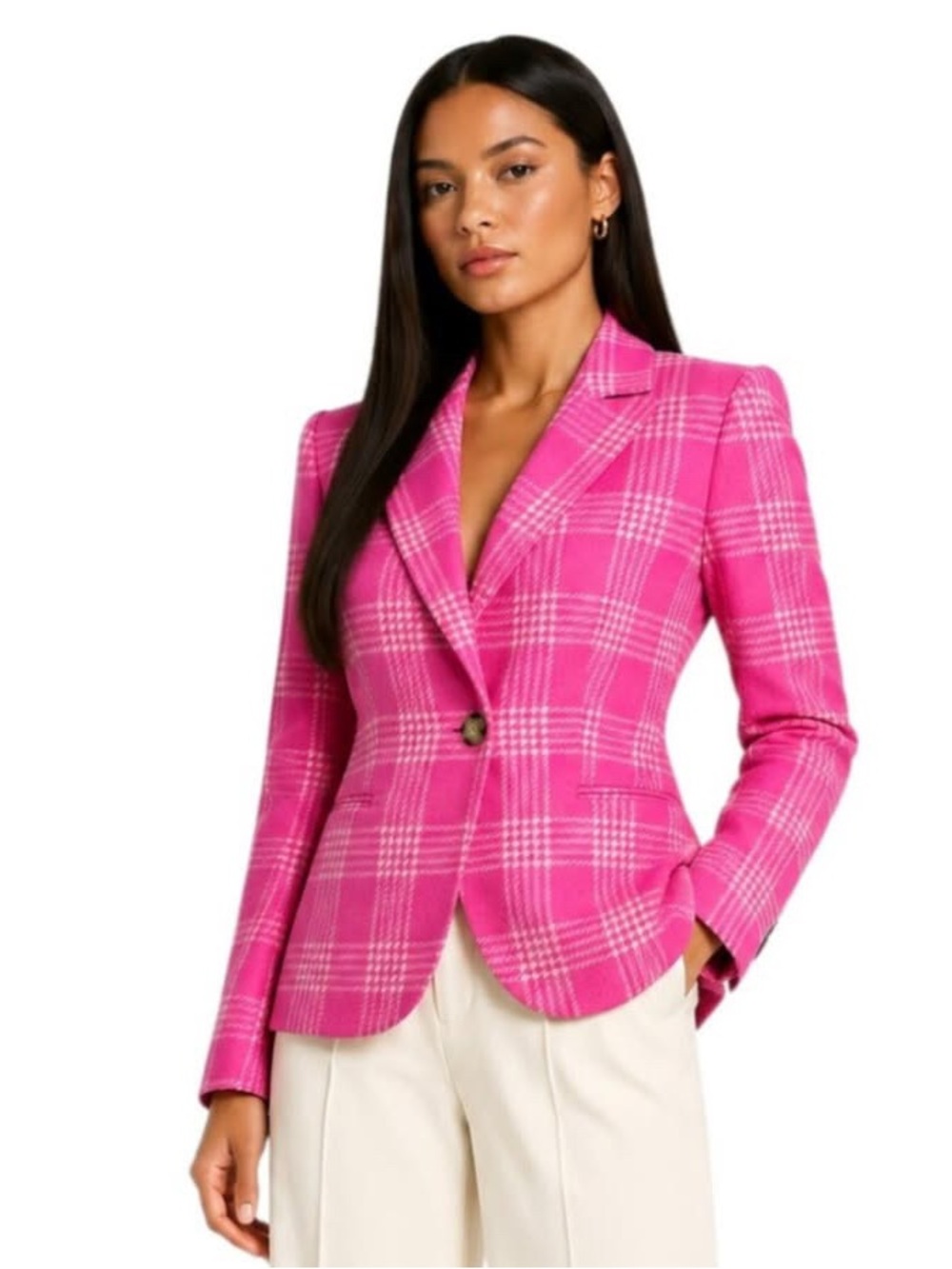 Brooks Brothers Pink and White Wool Single Breasted Single Button Blazer